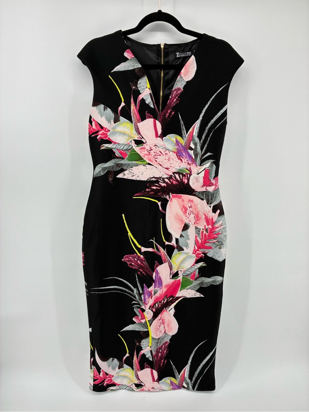 7th Avenue New York & Company Black Midi Dress with Pink Tropical Floral Print
